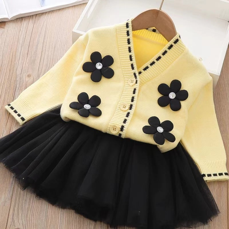 hot-selling children's sweater dress two-piece set, kids' clothing set, knitted cardigan with mesh skirt, direct from the manufacturer