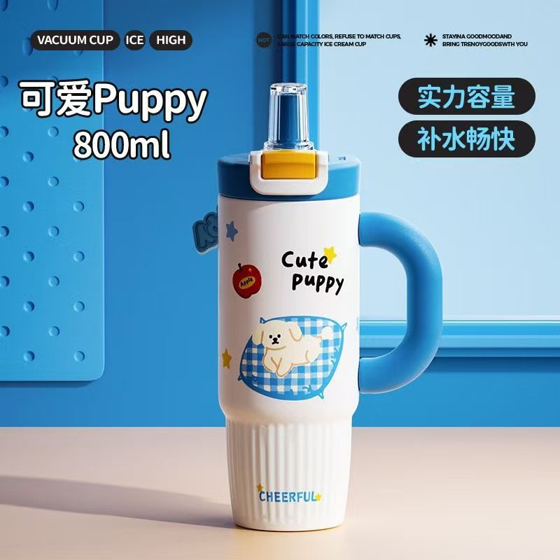 New arrival cartoon straw thermos cup 316 stainless steel large capacity ice cup high-looking handle student water cup