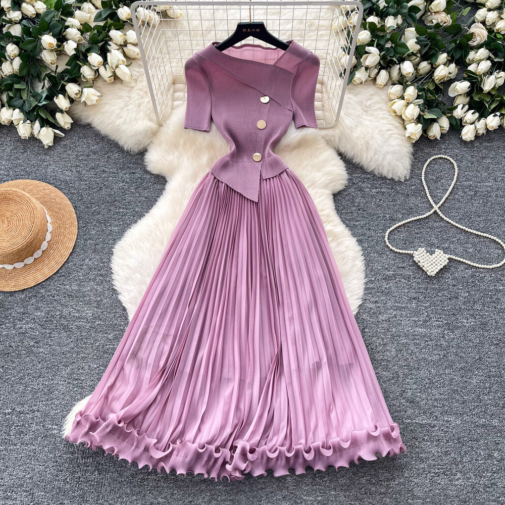 Accessible luxury classyelegance oblique collar elegantdress women's summerwork clothing style waist slimming lookpleated long skirt light mature style