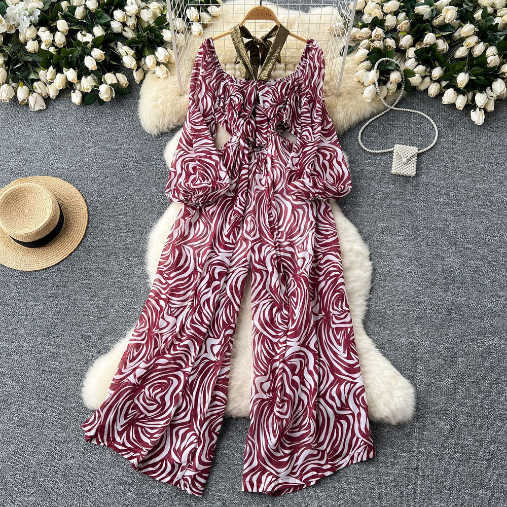 Women's beach pants  new style vacation sexy one shoulder halter lantern long sleeves high waist wide leg printing jumpsuit
