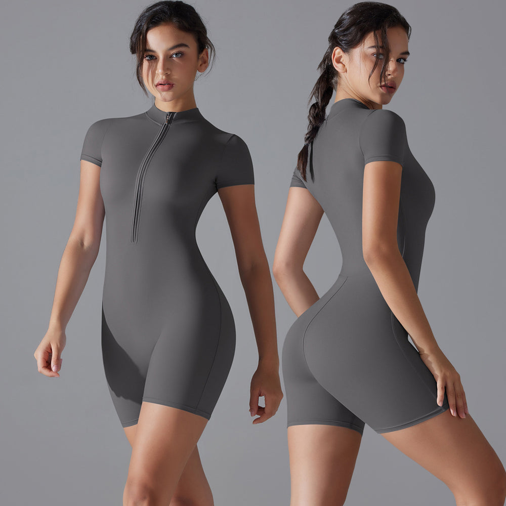 Naked all-in-one style yoga clothes half-open zipper short-sleeved fitness jumpsuit tight sports jumpsuit processing personalized