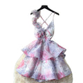 Romantic vacation style v-neck floral print dress - women's summer backless tie-up a-line dress - sexy, elegant, and slimming