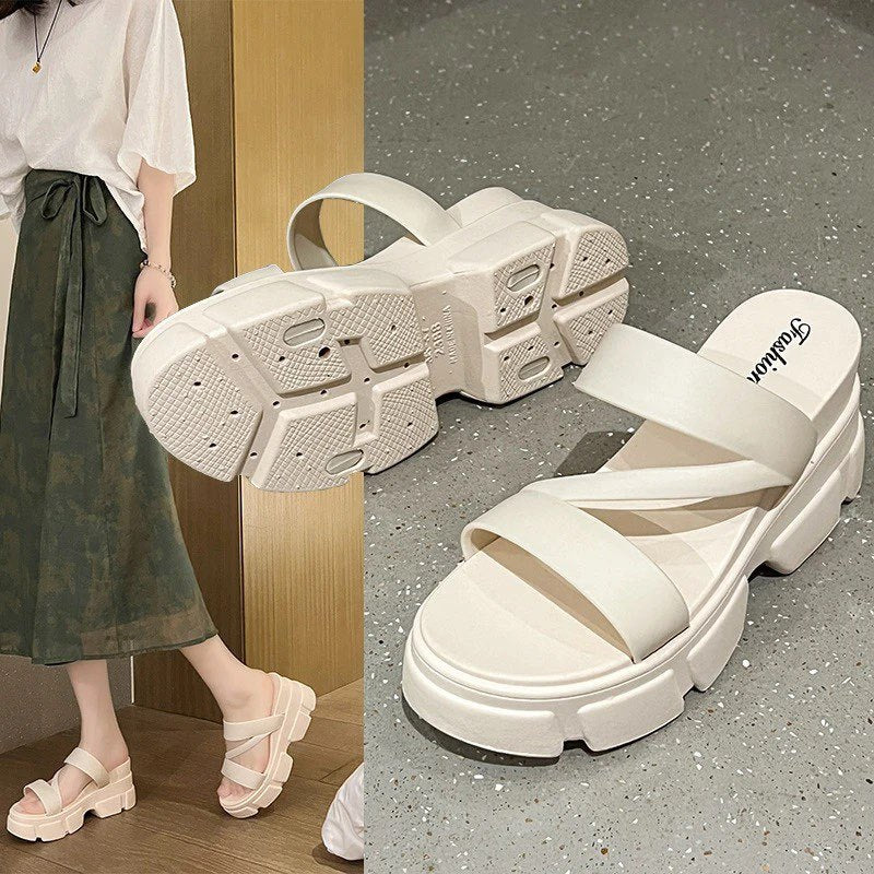 Women's high-heeled sandals: summer platform slides, stylish and versatile, non-slip thong sandals, minimalist solid color roman style