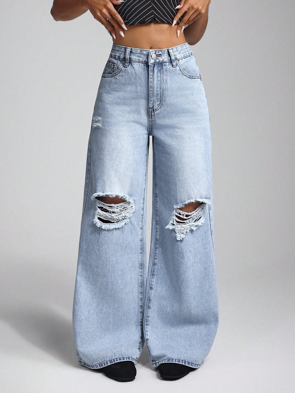European and american style women's high-waisted distressed wide-leg jeans - american trendy frayed hem, ripped and distressed, slimming women's jeans