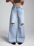 European and american style women's high-waisted distressed wide-leg jeans - american trendy frayed hem, ripped and distressed, slimming women's jeans