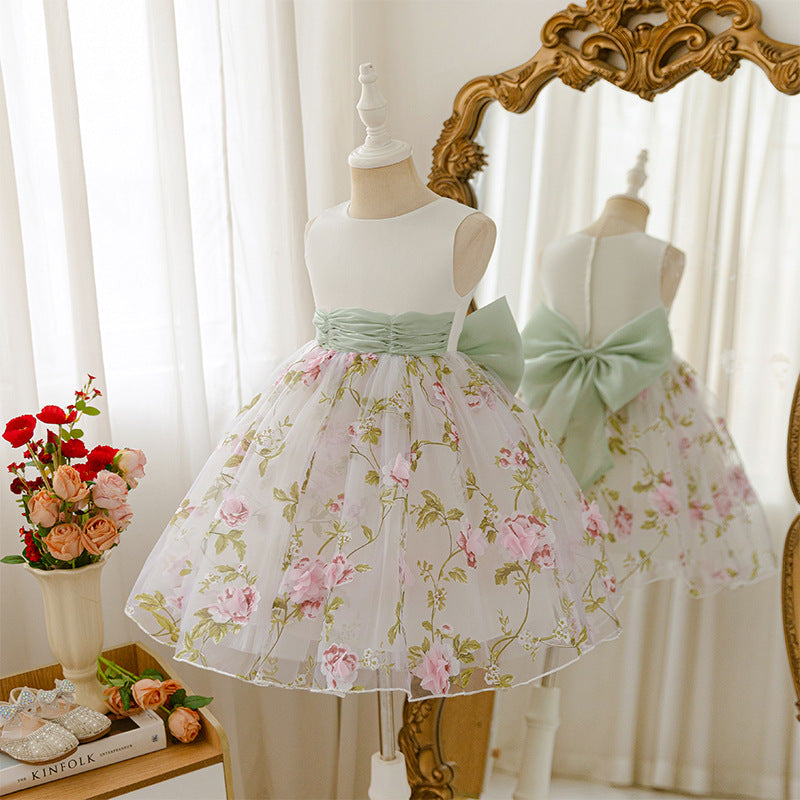 Girls' formal dress flower girl wedding little girl flower fairy princess dress children's tutu sleeveless vest dress with bow