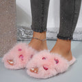 Premium flat fuzzy slippers for women, autumn/winter 2024 new collection, heart-shaped rhinestone embellished plush cotton house slippers