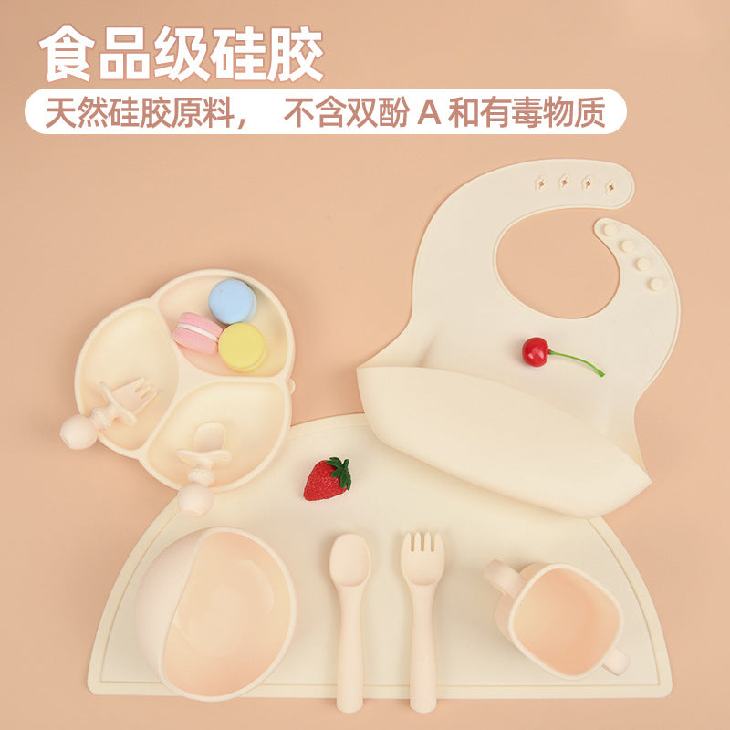 Children's silicone tableware set, complementary food bowl, baby learning to eat, fork, spoon, saliva pocket, strong suction, anti-drop tableware set