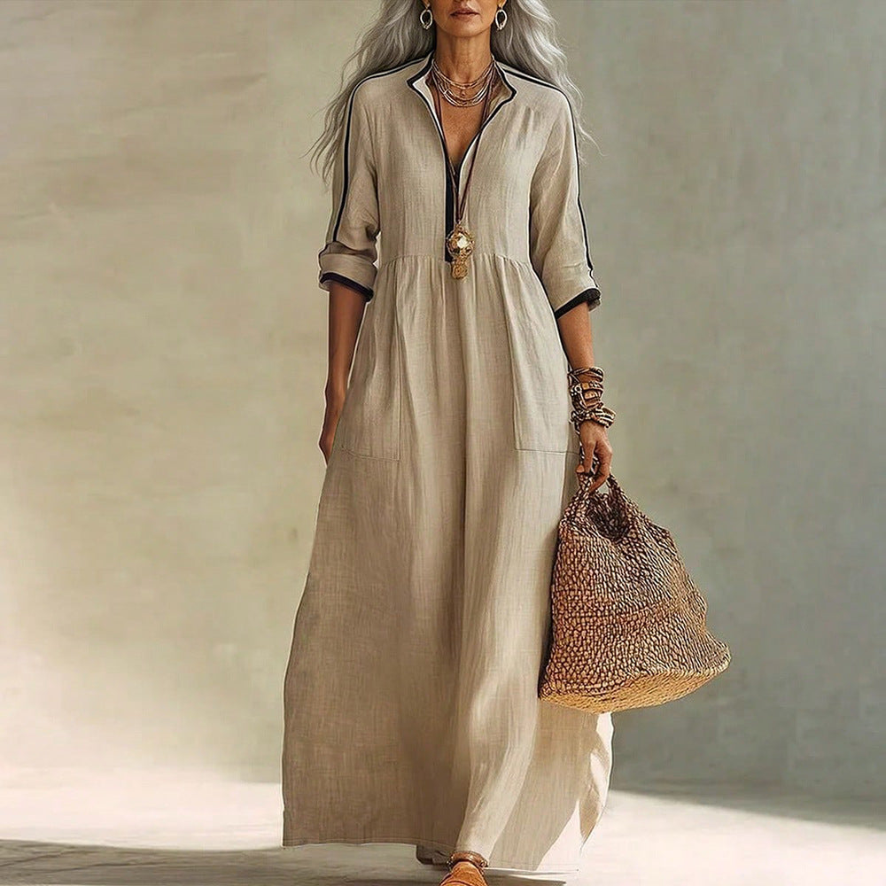 Exportnew arrivalshirt long skirt contrast color trim stand collar half placket three-quarter sleeves flap pocket pants cotton and linen women's dress