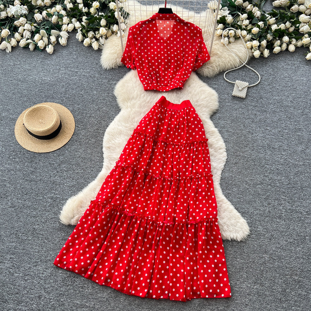 French red polka dot two-piece set - women's spring/autumn high-waisted, slimming, and chic workwear outfit
