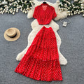 French red polka dot two-piece set - women's spring/autumn high-waisted, slimming, and chic workwear outfit