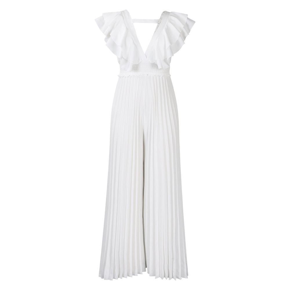 C8574 cross-border women's fashion  new deep v-neck high-waisted sexy ruffle pleated wide-leg jumpsuit (european & american style)