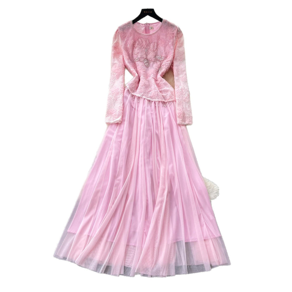 French chic long sleeve lace and mesh patchwork dress - high waist, slimming, elegant, and flowy maxi dress