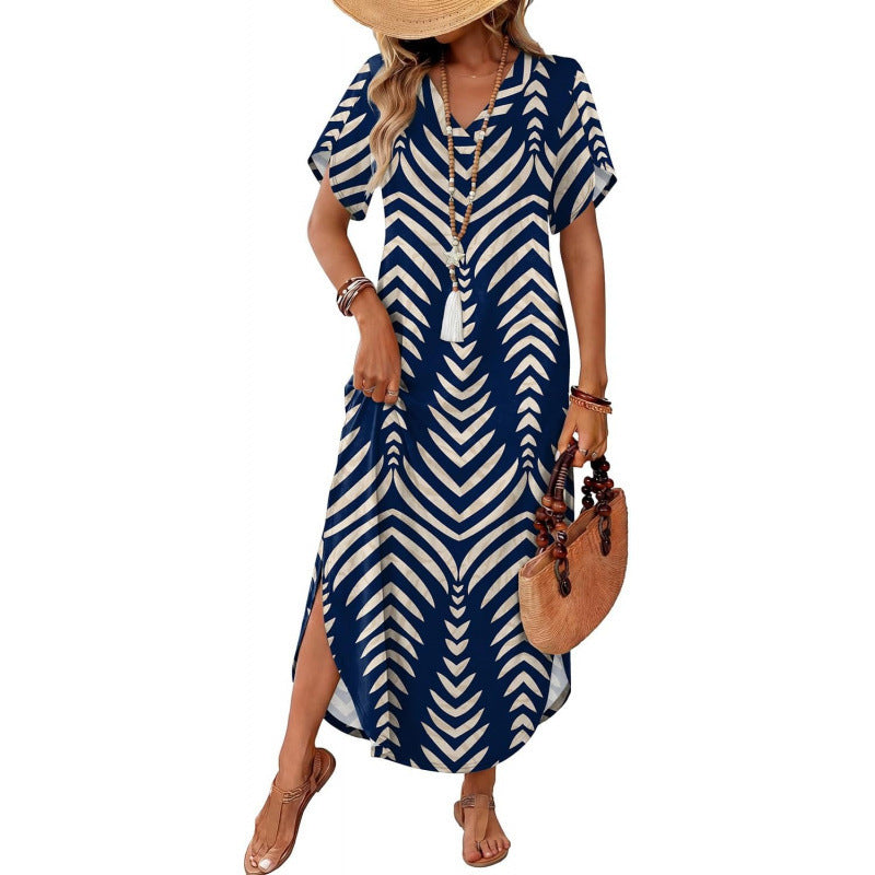 Amazon short-sleeve dress v-neck tank dress  summer new arrival side slit casual beach dress