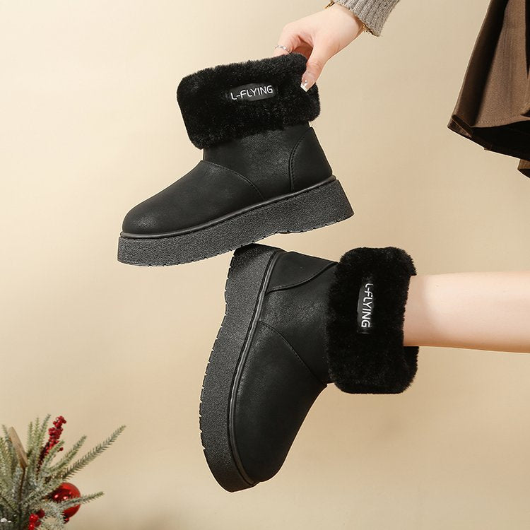 autumn new fleece-lined fluffy trim platform chunky sole snow boots women's korean style round toe warm export plus size women's boots