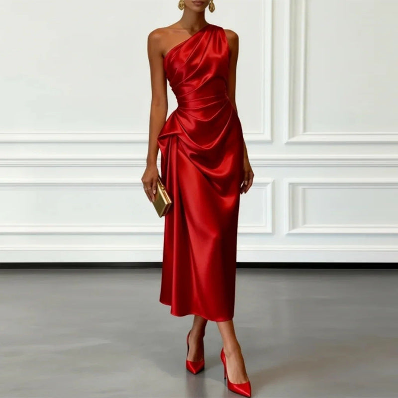 european and american cross-border women's fashion: new high-end, light luxury, pleated, waist-cinching evening gown dress for women