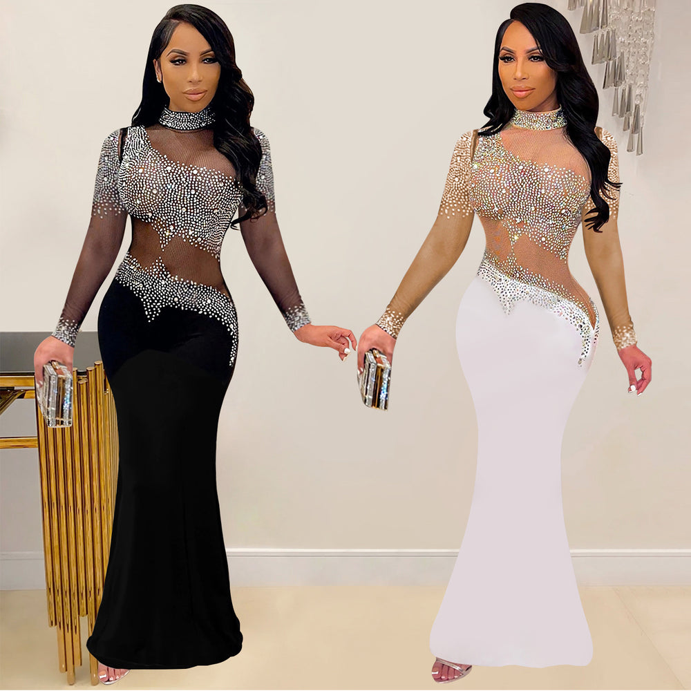 C7025 cross-border   independent station fashionfashion women's new hot diamond round neck dress length