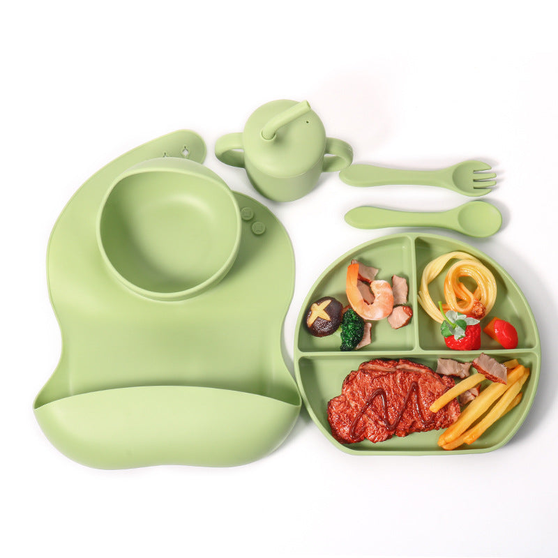 Baby silicone tableware 6-piece set Children's silicone bowl Suction cup Plate Water cup Wooden handle Fork spoon Wholesale Spot tableware