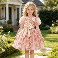 Girls' summer new sweet floral print bubble sleeve dress - perfect for girls' birthday parties - french style cross-border fashion