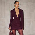 cross-border fashion: european & american style women's autumn/winter new collection - elegant solid color deep v-neck lapel pleated waist blazer dress