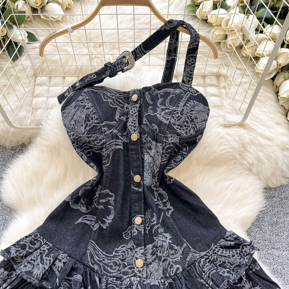 Fashion hot girl style denim tube topdress women's retro distressed tail design street small puffy skirt
