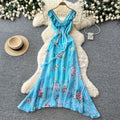 French riviera style blue floral print cami dress - women's summer dress, sweet & sexy v-neck, cinched waist, elegant maxi dress