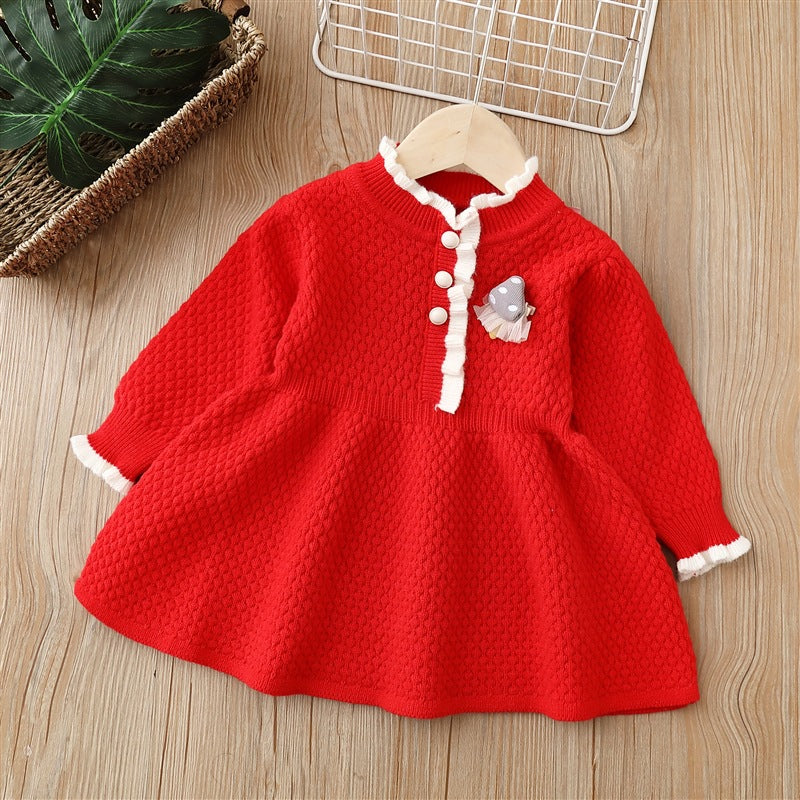 Girls' knitted mushroom dress with lace trim - autumn/winter  new sweet style long dress
