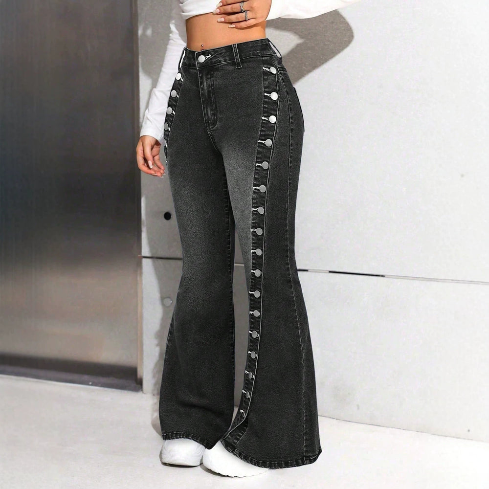 Fashionjeans women's side-breasted slit slightly flared pants dark blue washed elastic silm showing leg length hot girl pants