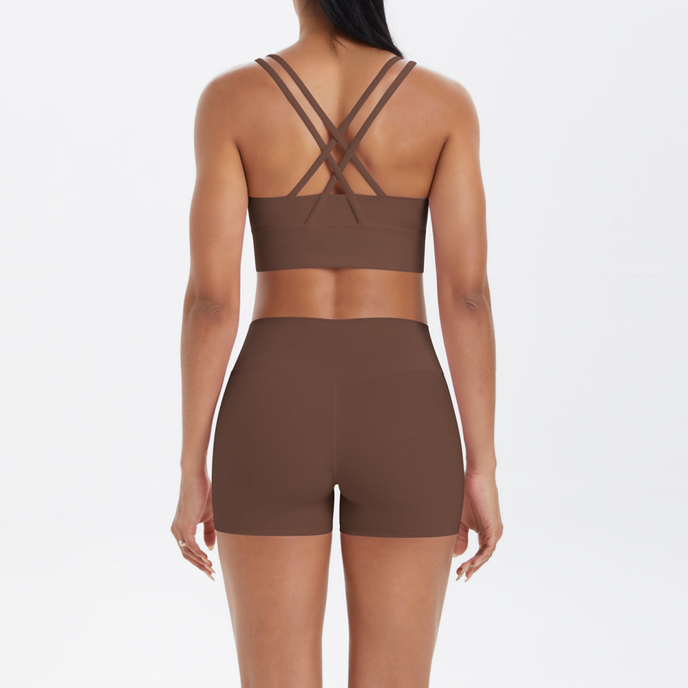 Fashion cross-border nude brushed cross back bra casual sports hip lifting shorts fitness yoga wear two-piece set