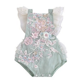 European and american cross-border e-commerce new arrival: girls' baby romper with mesh lace, beaded appliqué, and tie closure