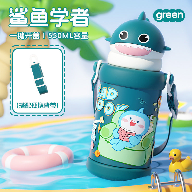New arrivalwintercute little shark straw cup with strap portable stainless steel thermos cup outdoor sturdy and fall-resistant kids