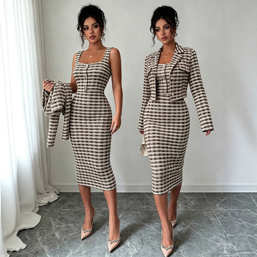 Exportfashionaccessible luxurywork clothing bouclé suitlong sleeves lapelshortoutwearmatching silm suspenders slimming look