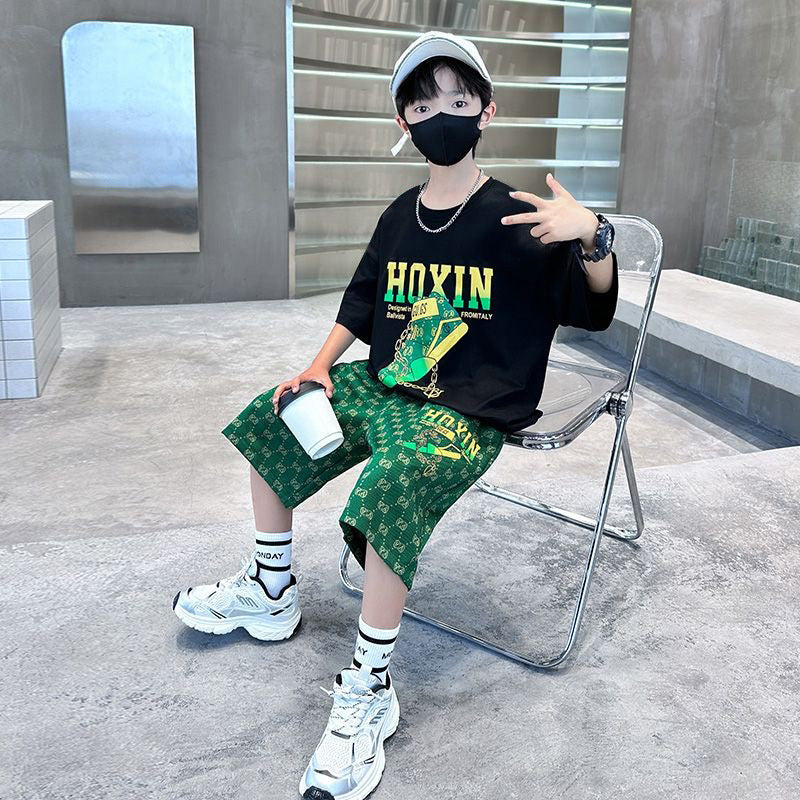 Kids' new  summer t-shirt set: stylish boys' printed casual short-sleeve high-street hip-hop letter print shorts outfit
