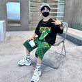 Kids' new  summer t-shirt set: stylish boys' printed casual short-sleeve high-street hip-hop letter print shorts outfit