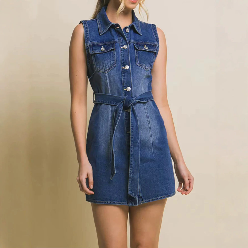 fashion elegant denim dress women's summer  new arrival lapel sleeveless waist slimming lookshort