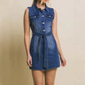 fashion elegant denim dress women's summer  new arrival lapel sleeveless waist slimming lookshort