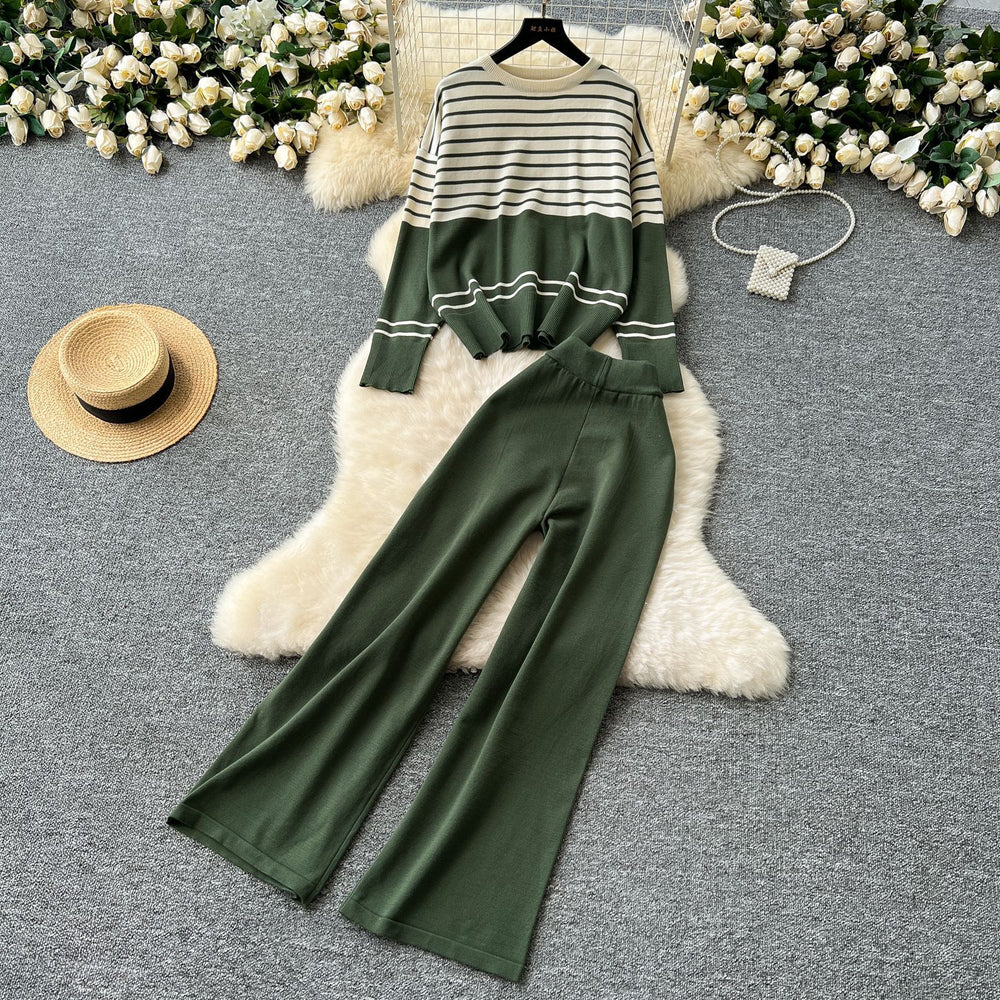 Plus-size slimming two-piece set: age-defying, versatile crew neck color block striped knit top with high-waisted wide-leg pants