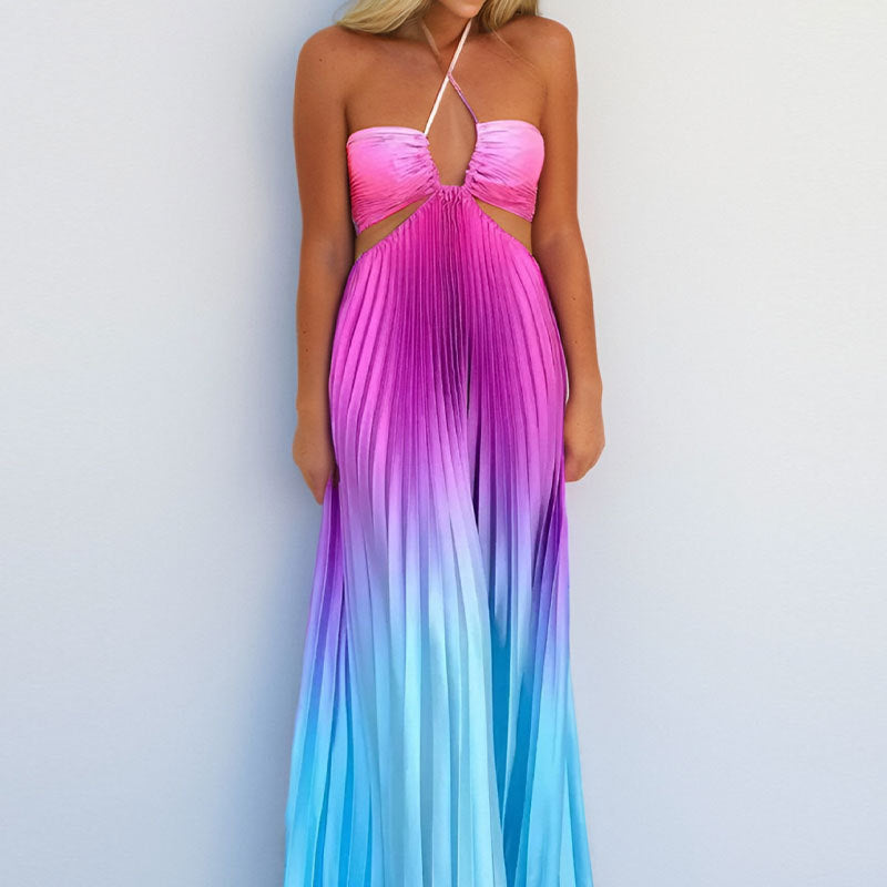 cross-border european and american women's clothing: women's summer maxi dress - gradient color halter neck pleated fashion vacation dress