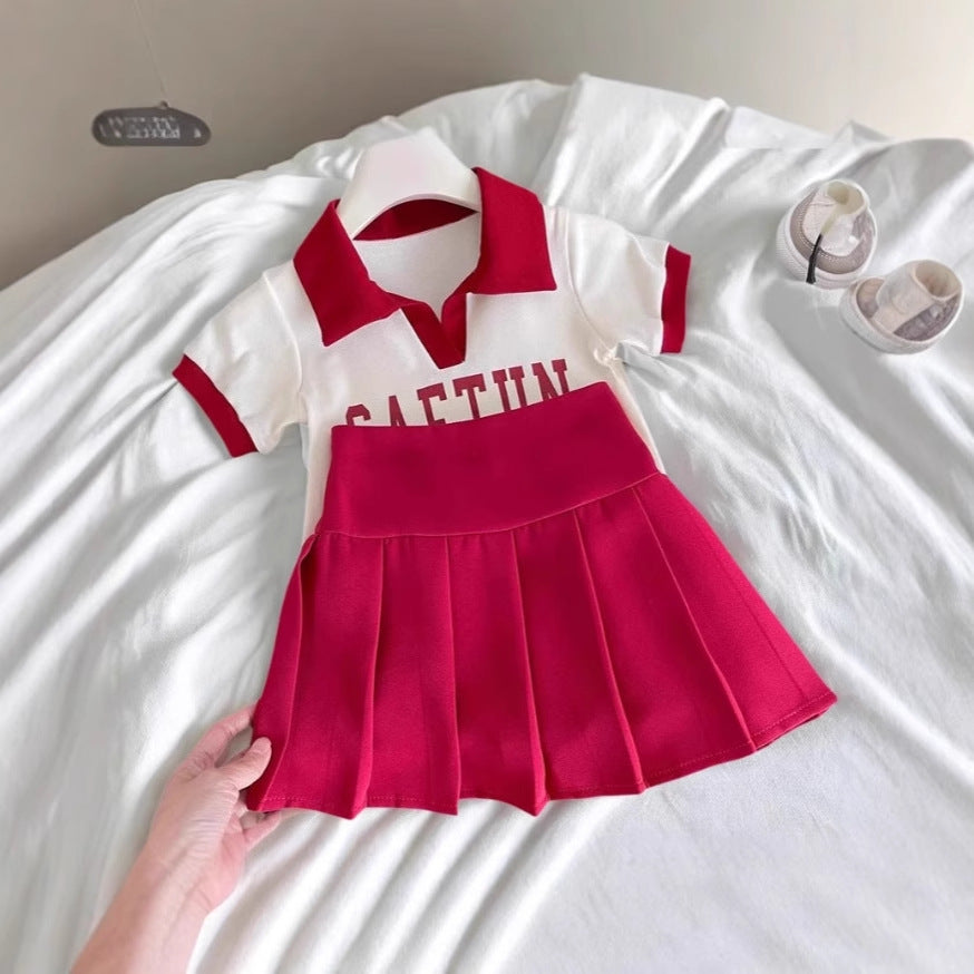 Girls' short-sleeve polo shirt & active set -  summer collection: letter print color block tee & pleated skirt set