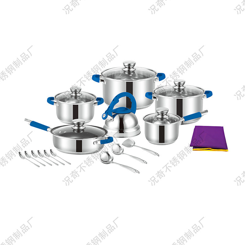 Export russian suit pot for home multi-bottom stainless steel 22-piece pot suit with silicone handle soup pot frying pan