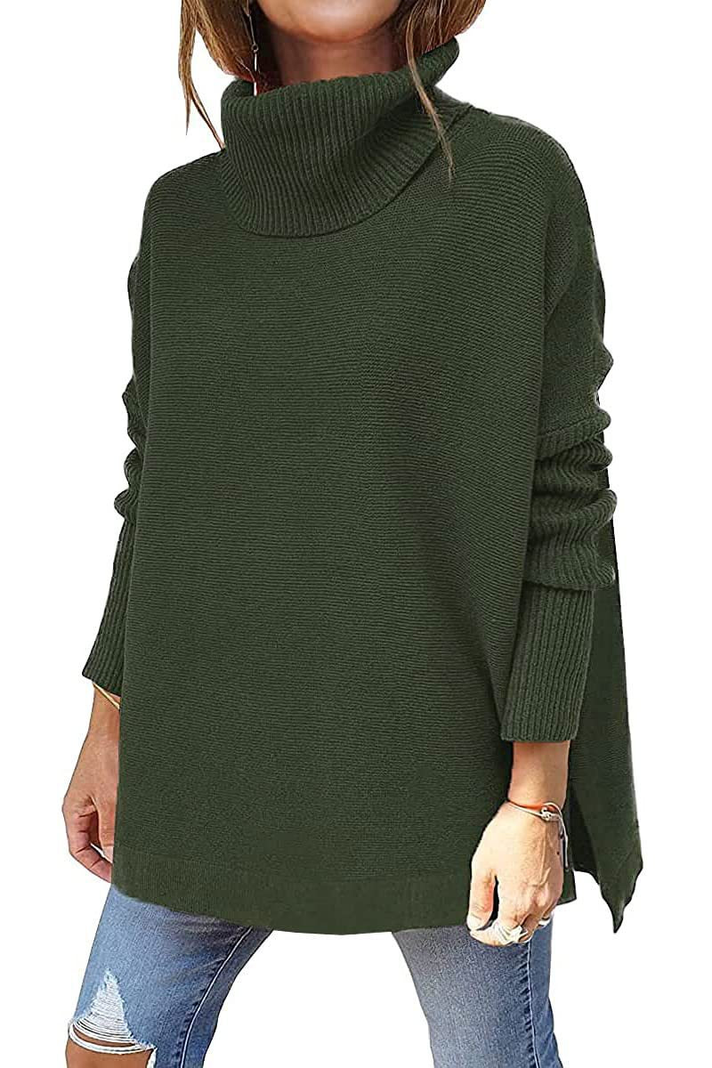 2022 amazon cross-border high neck sweater, mid-length batwing sleeve, cinched hem, pullover knit sweater for women