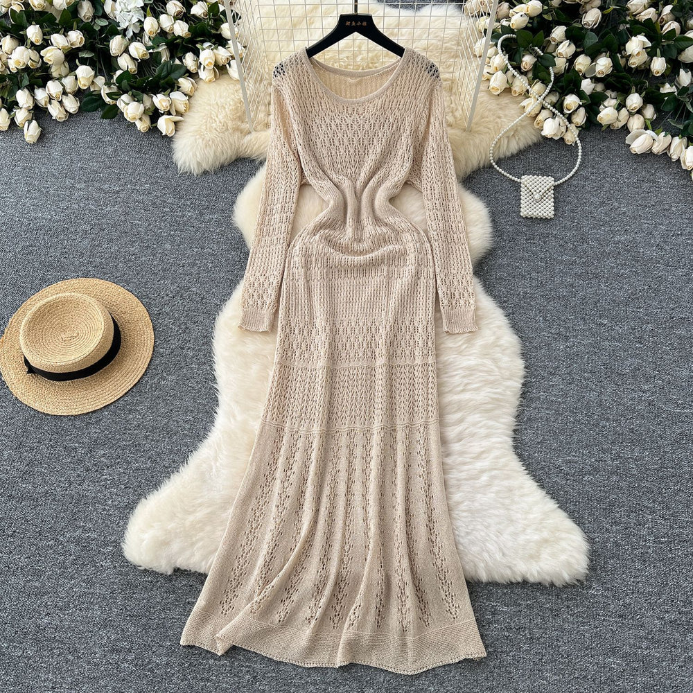 Korean style hollow-out crochet knit dress - women's slimming, long-sleeved dress with inner layer camisole two-piece set