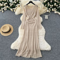 Korean style hollow-out crochet knit dress - women's slimming, long-sleeved dress with inner layer camisole two-piece set