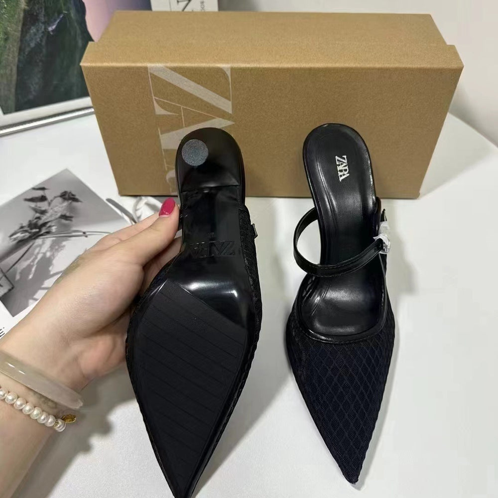 Za new 2024 summer women's shoes: mesh high heels, stiletto heels, thong sandals, low-cut open heels, breathable mules, and sandals