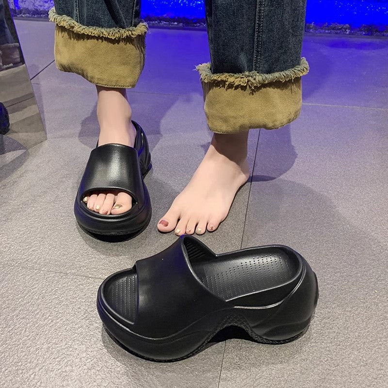 2025 summer new women's platform slides - black criss-cross heeled wedge sandals, 9cm height increasing thong sandals