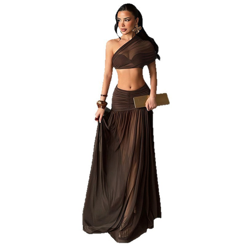 Amazon women's clothing  summer new one-shoulder slant neck cropped slim-fit tank top sexy mesh midi skirt set