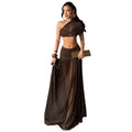 Amazon women's clothing  summer new one-shoulder slant neck cropped slim-fit tank top sexy mesh midi skirt set