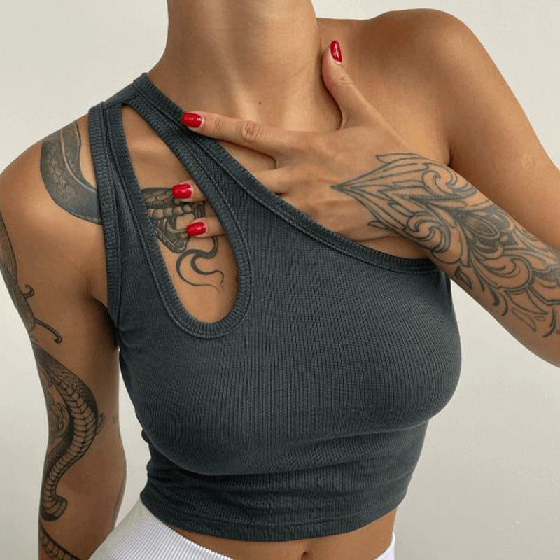 Slant shoulder slim-fitting short open-button Spice Girls small vest for women 2025 summer European and American  new hollow sleeveless top