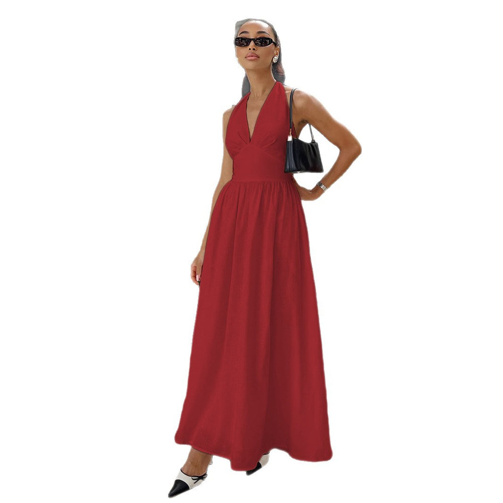 Export cross-border  summernew arrival women's pure colorv neckelegantbacklesstie back waist large swing dress for women