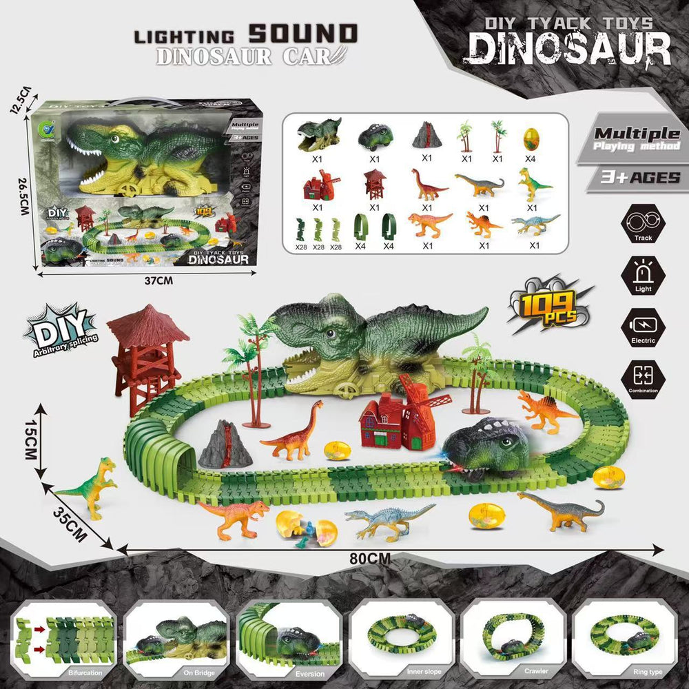 hot-selling electric dinosaur track car diy versatile assembly building educational roller coaster tunnel toy wholesale